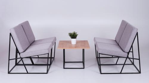 LOFT | Lounge Chairs and Coffee Table | Event Furniture LOFT Collection – Grey Wireframe Lounge Chairs and Wooden Coffee Table