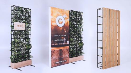 LOFT | Room Dividers and Decorative Elements | Event Furniture LOFT Collection – Green Living Wall, Branded Light Sign and Wooden Room Divider Elements